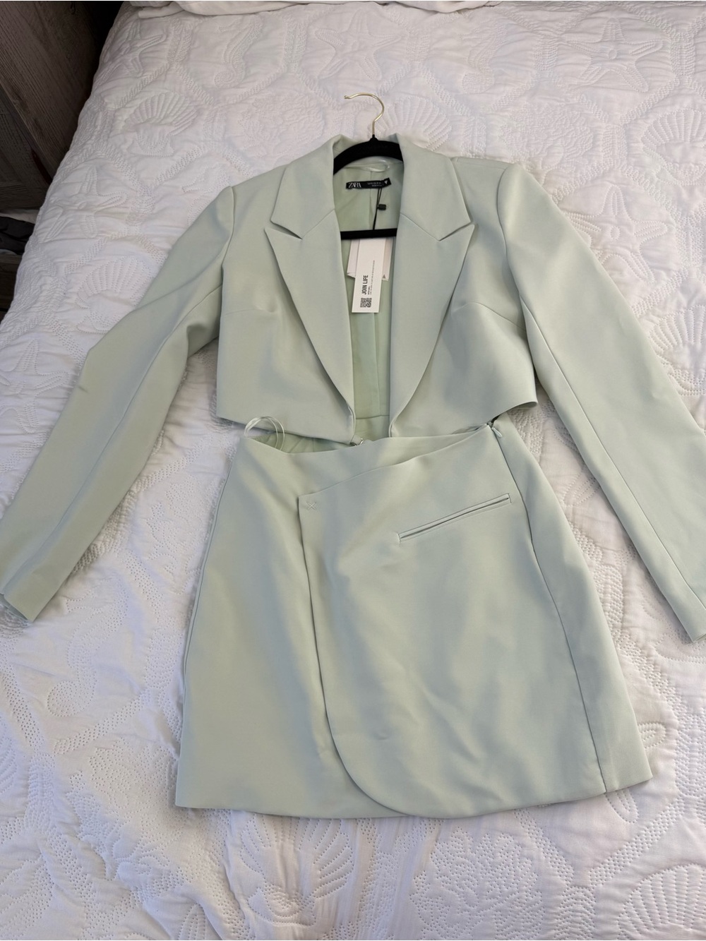 Zara Mint Green Cropped Blazer & Wrap Mini Skirt Set
